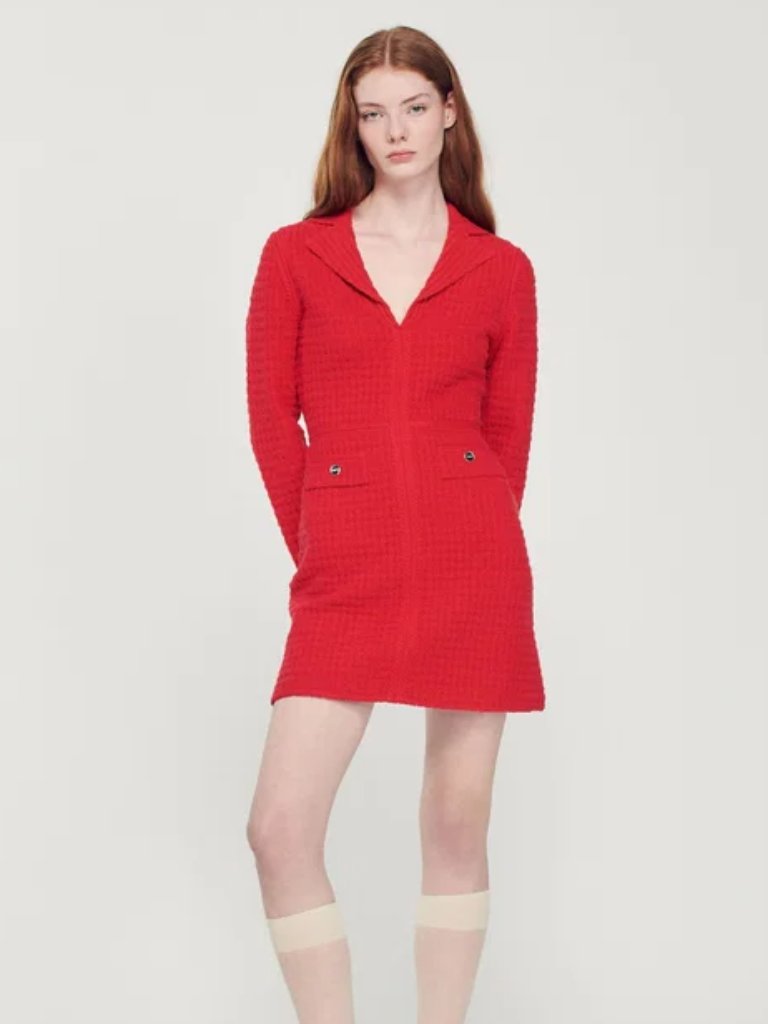 Nwt Sandro Red Short Tweed-Effect Dress Lapel Gold Buttons Pockets Fr34 Us2 $490